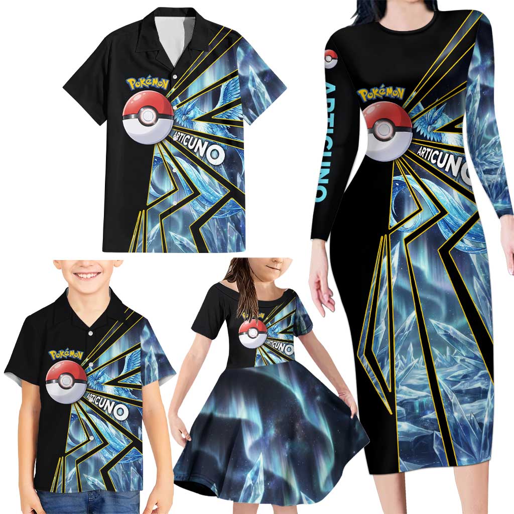 Articuno Poké Family Matching Long Sleeve Bodycon Dress and Hawaiian Shirt Frost Crystal Comic Style
