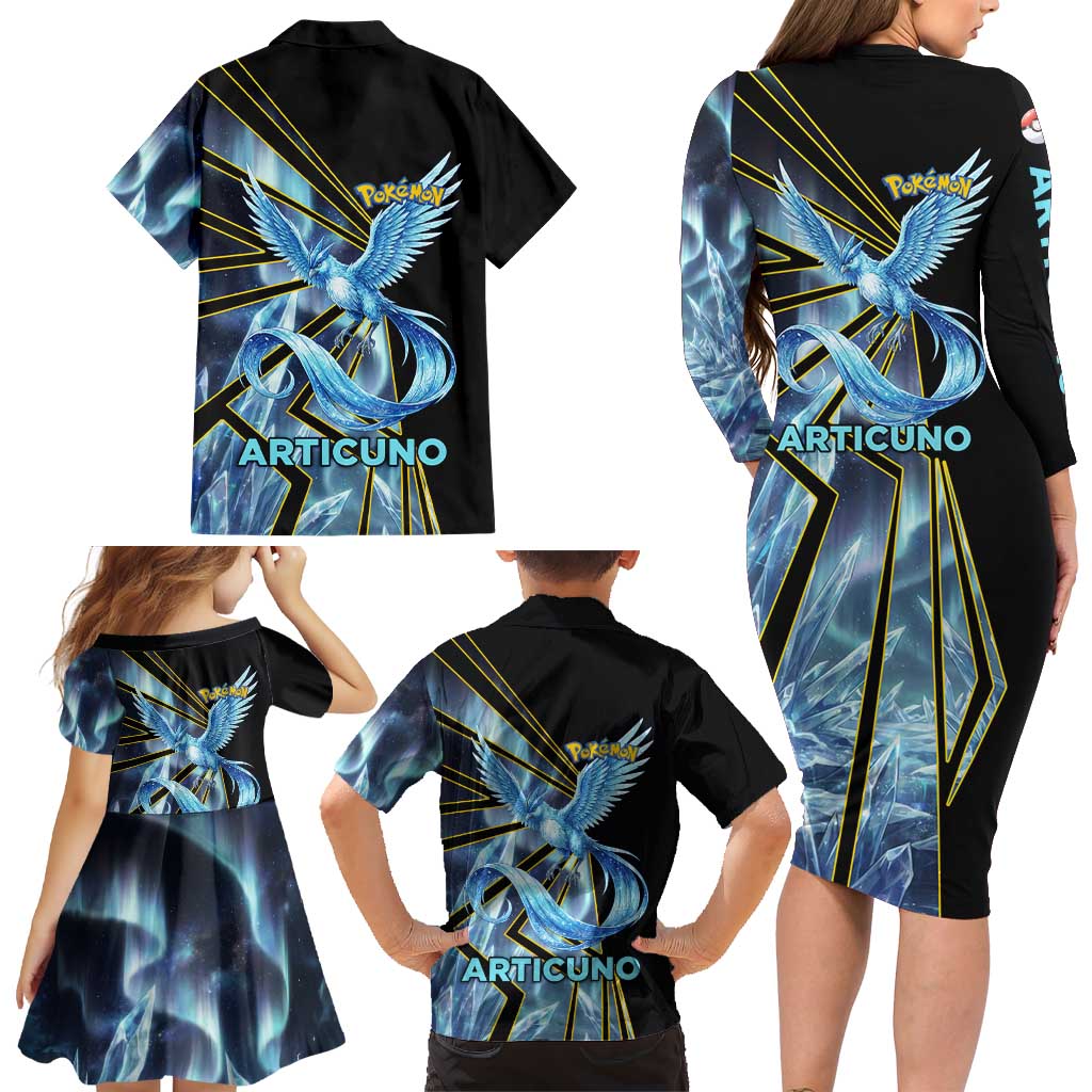 Articuno Poké Family Matching Long Sleeve Bodycon Dress and Hawaiian Shirt Frost Crystal Comic Style