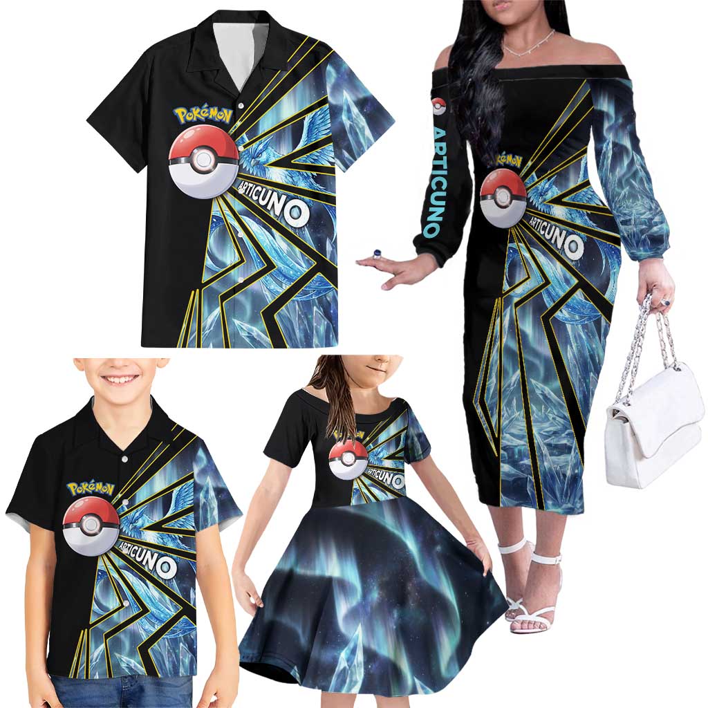 Articuno Poké Family Matching Off The Shoulder Long Sleeve Dress and Hawaiian Shirt Frost Crystal Comic Style