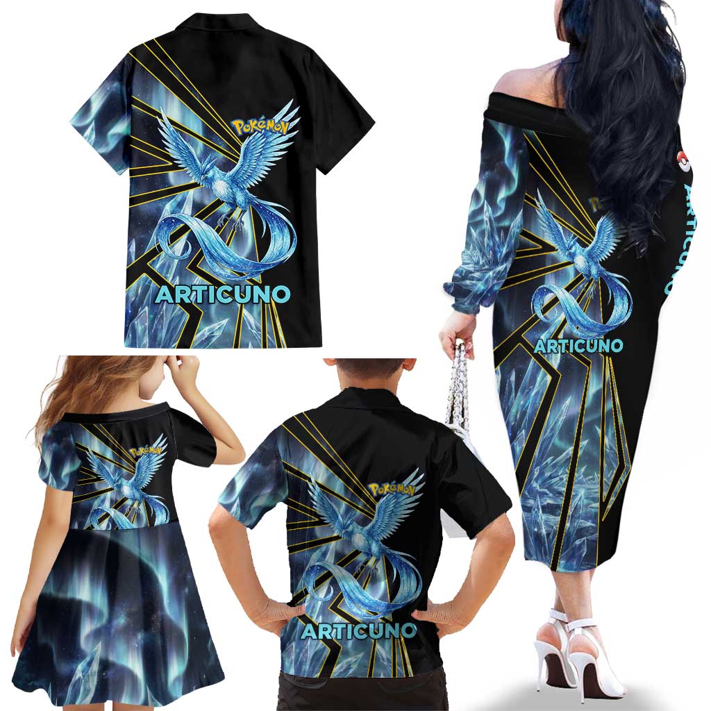 Articuno Poké Family Matching Off The Shoulder Long Sleeve Dress and Hawaiian Shirt Frost Crystal Comic Style