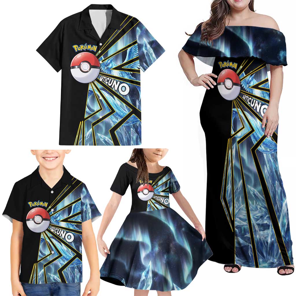 Articuno Poké Family Matching Off Shoulder Maxi Dress and Hawaiian Shirt Frost Crystal Comic Style