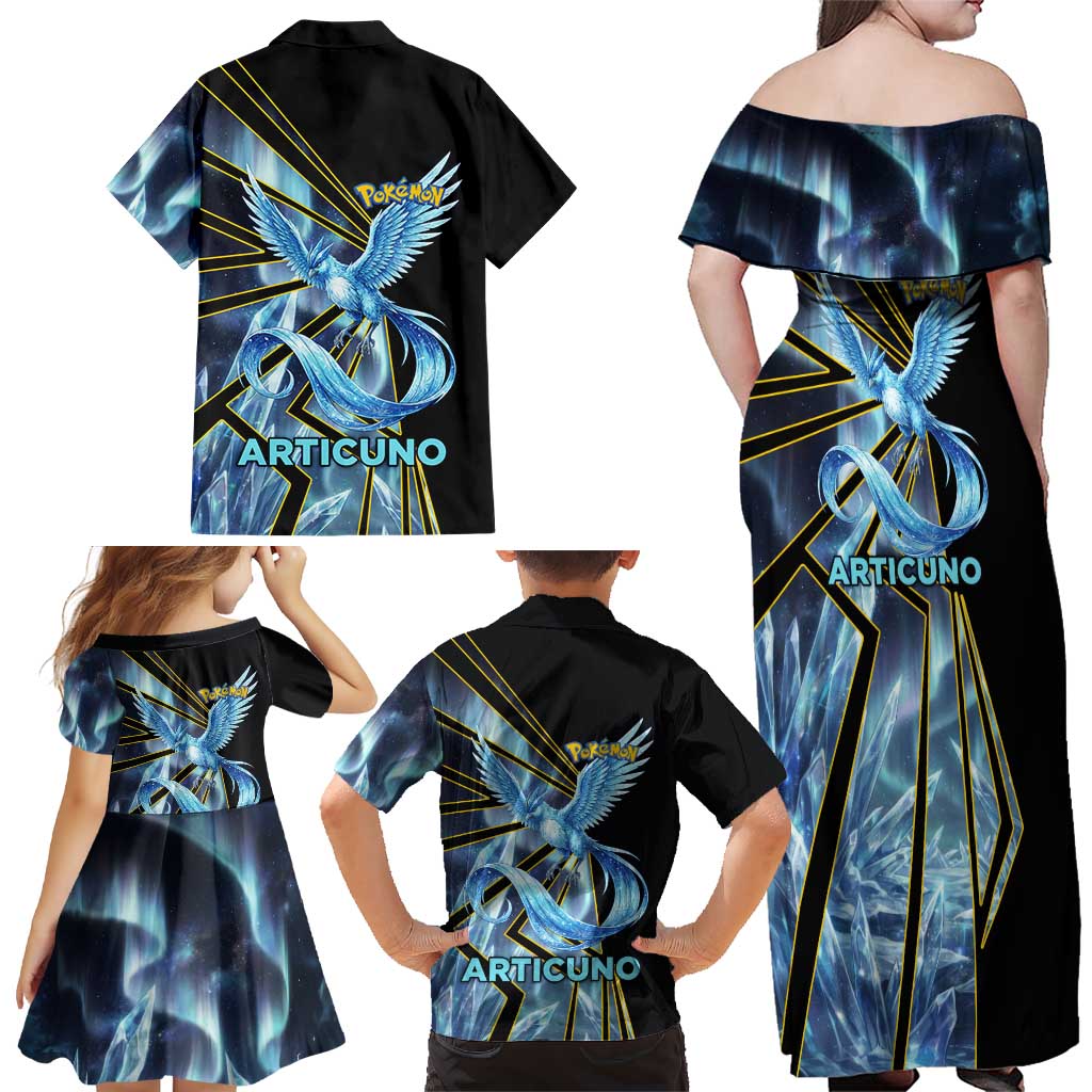 Articuno Poké Family Matching Off Shoulder Maxi Dress and Hawaiian Shirt Frost Crystal Comic Style