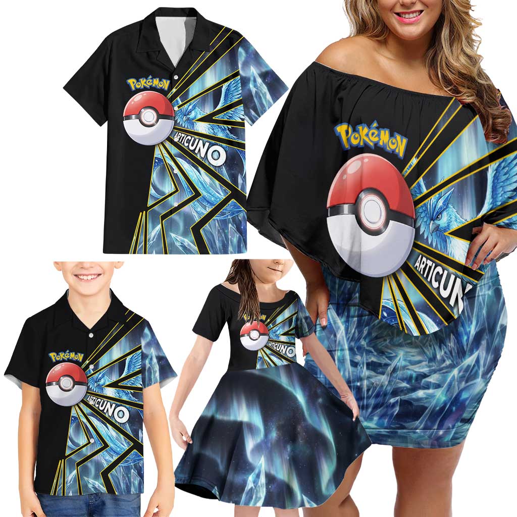 Articuno Poké Family Matching Off Shoulder Short Dress and Hawaiian Shirt Frost Crystal Comic Style