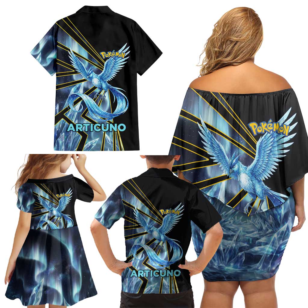 Articuno Poké Family Matching Off Shoulder Short Dress and Hawaiian Shirt Frost Crystal Comic Style