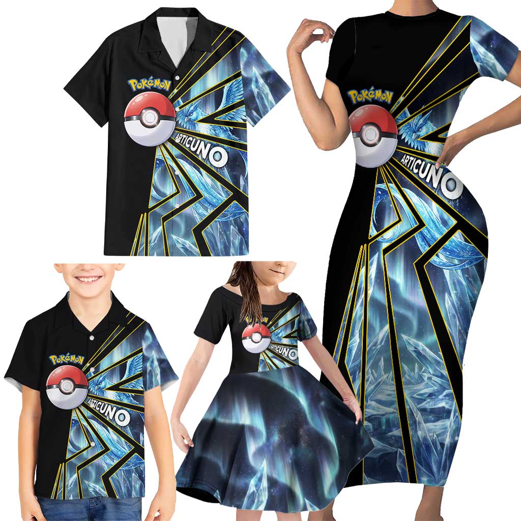 Articuno Poké Family Matching Short Sleeve Bodycon Dress and Hawaiian Shirt Frost Crystal Comic Style