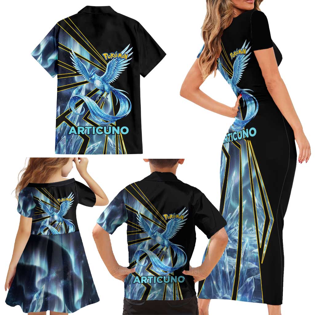 Articuno Poké Family Matching Short Sleeve Bodycon Dress and Hawaiian Shirt Frost Crystal Comic Style