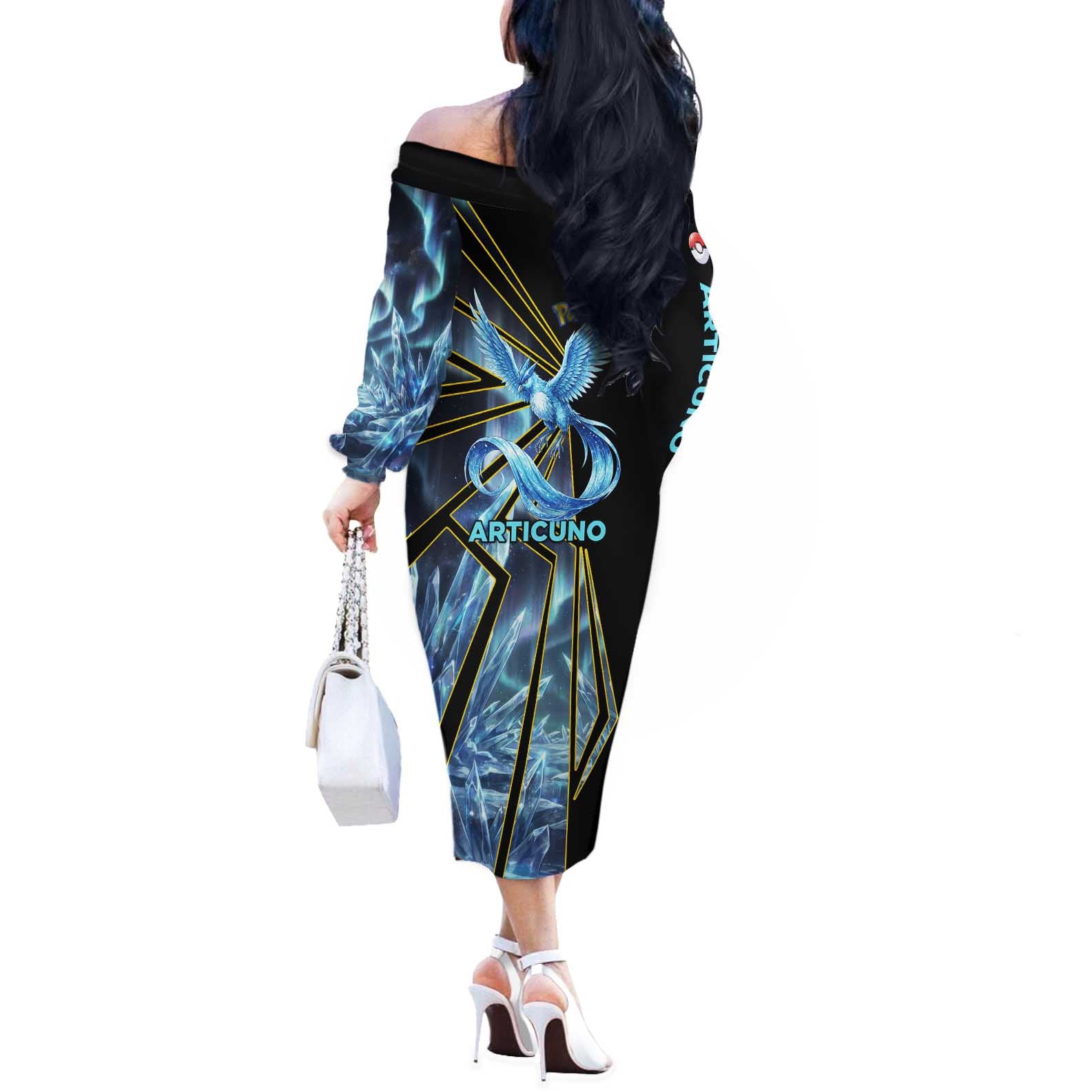 Articuno Poké Off The Shoulder Long Sleeve Dress Frost Crystal Comic Style