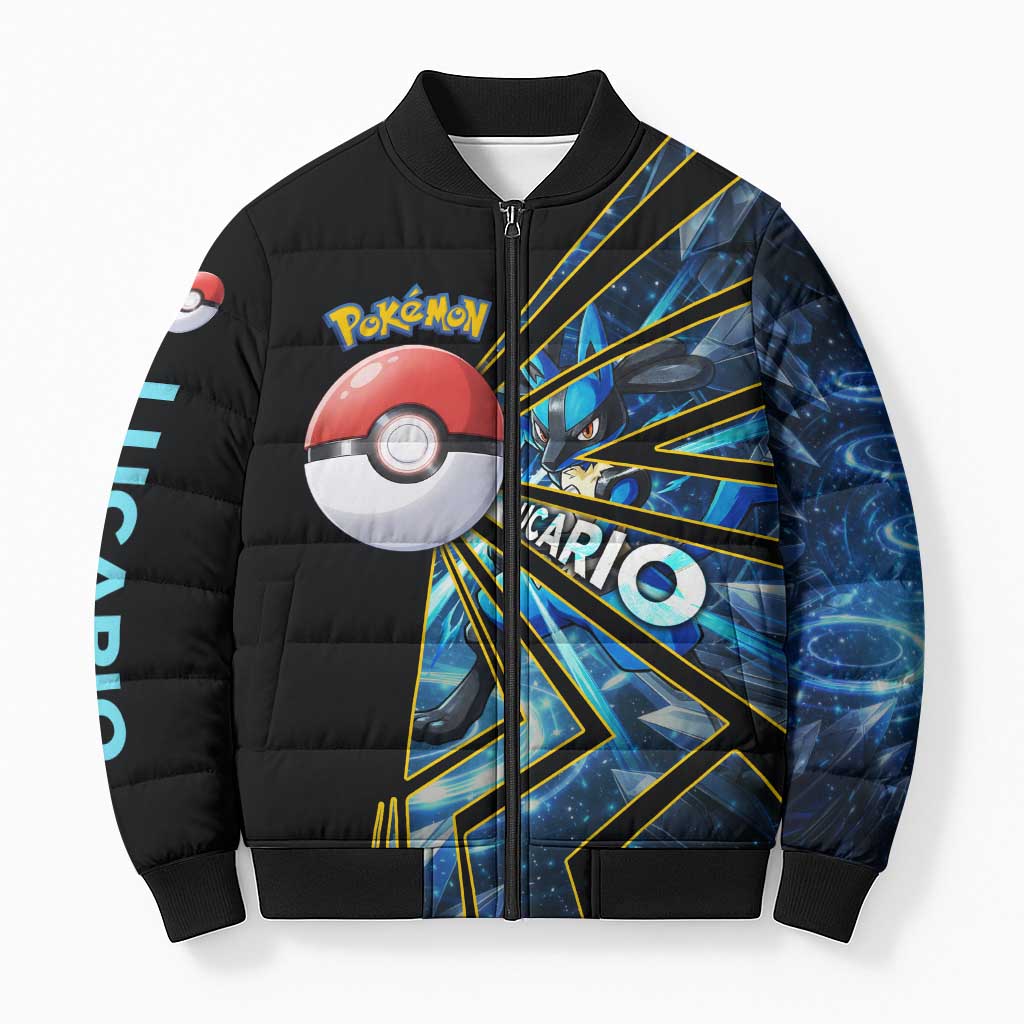 Lucario Poké Bomber Puffer Jacket Aura Blast Comic Style