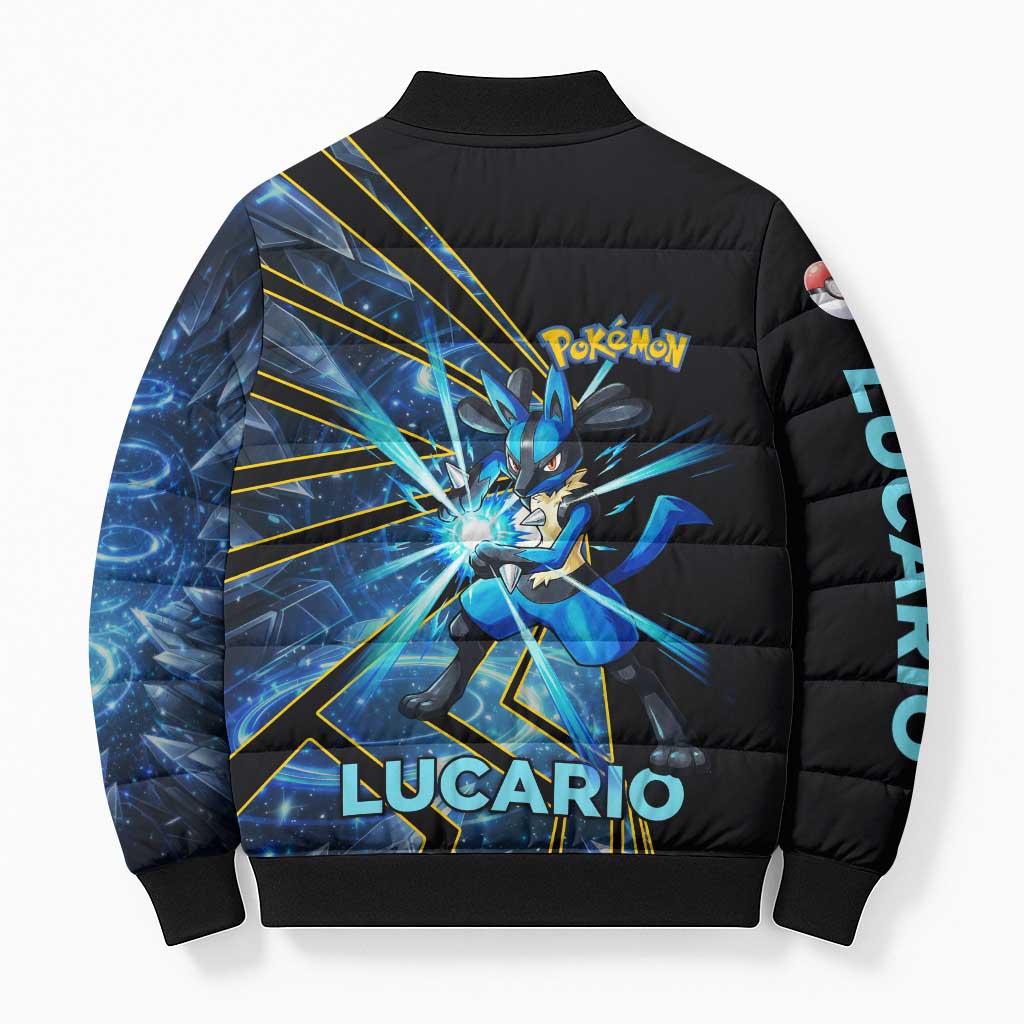Lucario Poké Bomber Puffer Jacket Aura Blast Comic Style