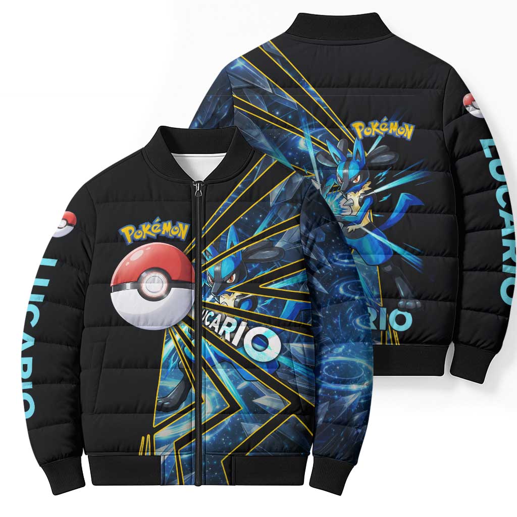 Lucario Poké Bomber Puffer Jacket Aura Blast Comic Style