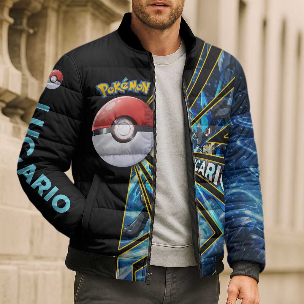 Lucario Poké Bomber Puffer Jacket Aura Blast Comic Style