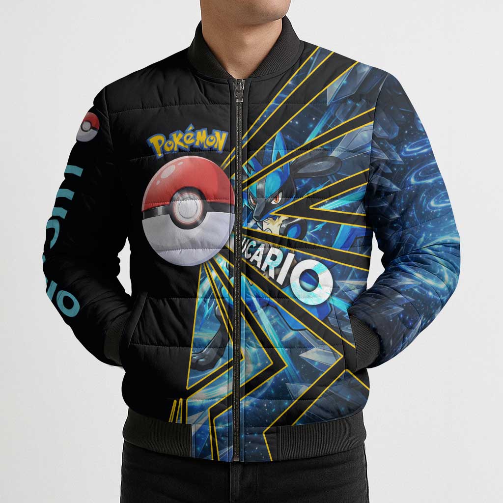 Lucario Poké Bomber Puffer Jacket Aura Blast Comic Style