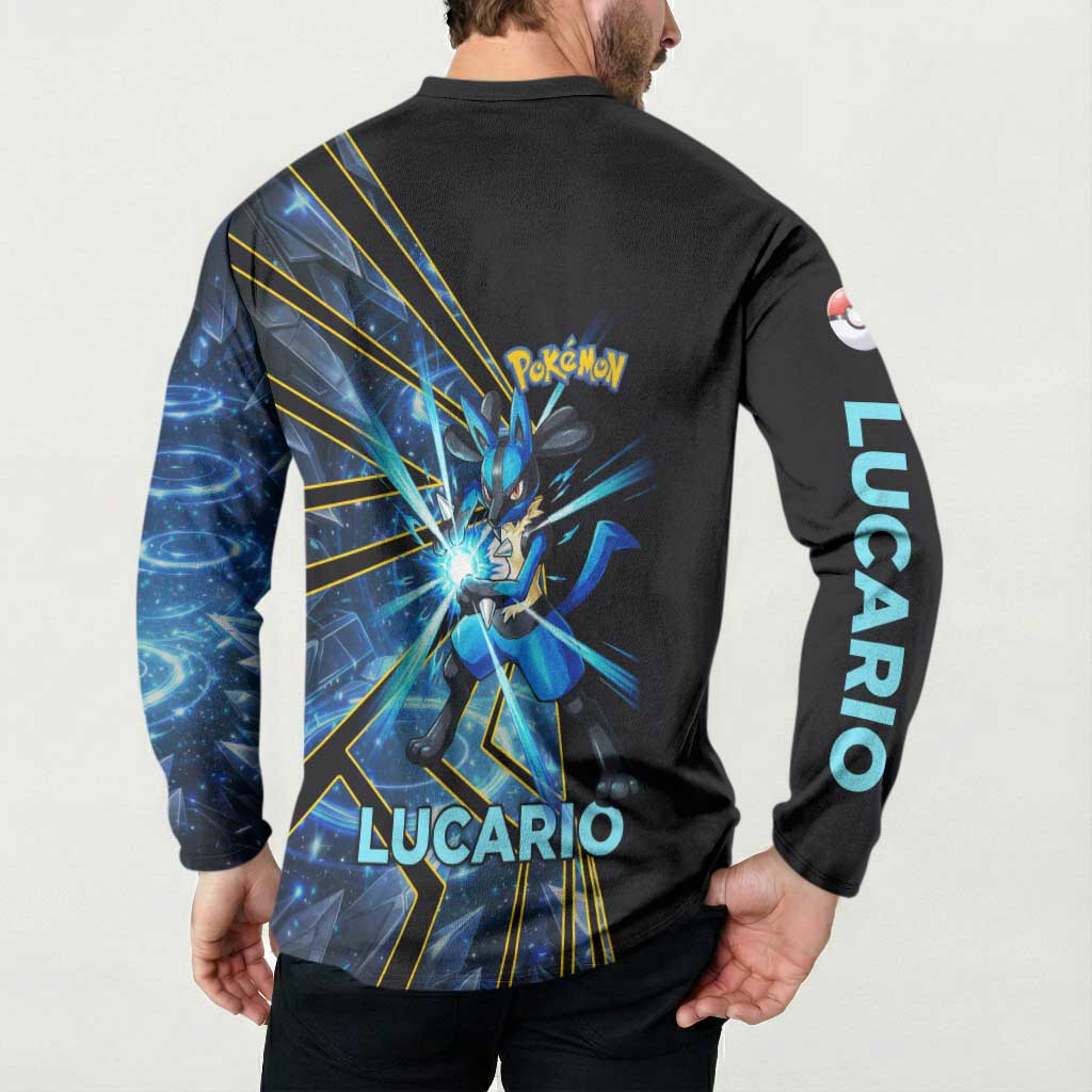 Lucario Poké Button Sweatshirt Aura Blast Comic Style