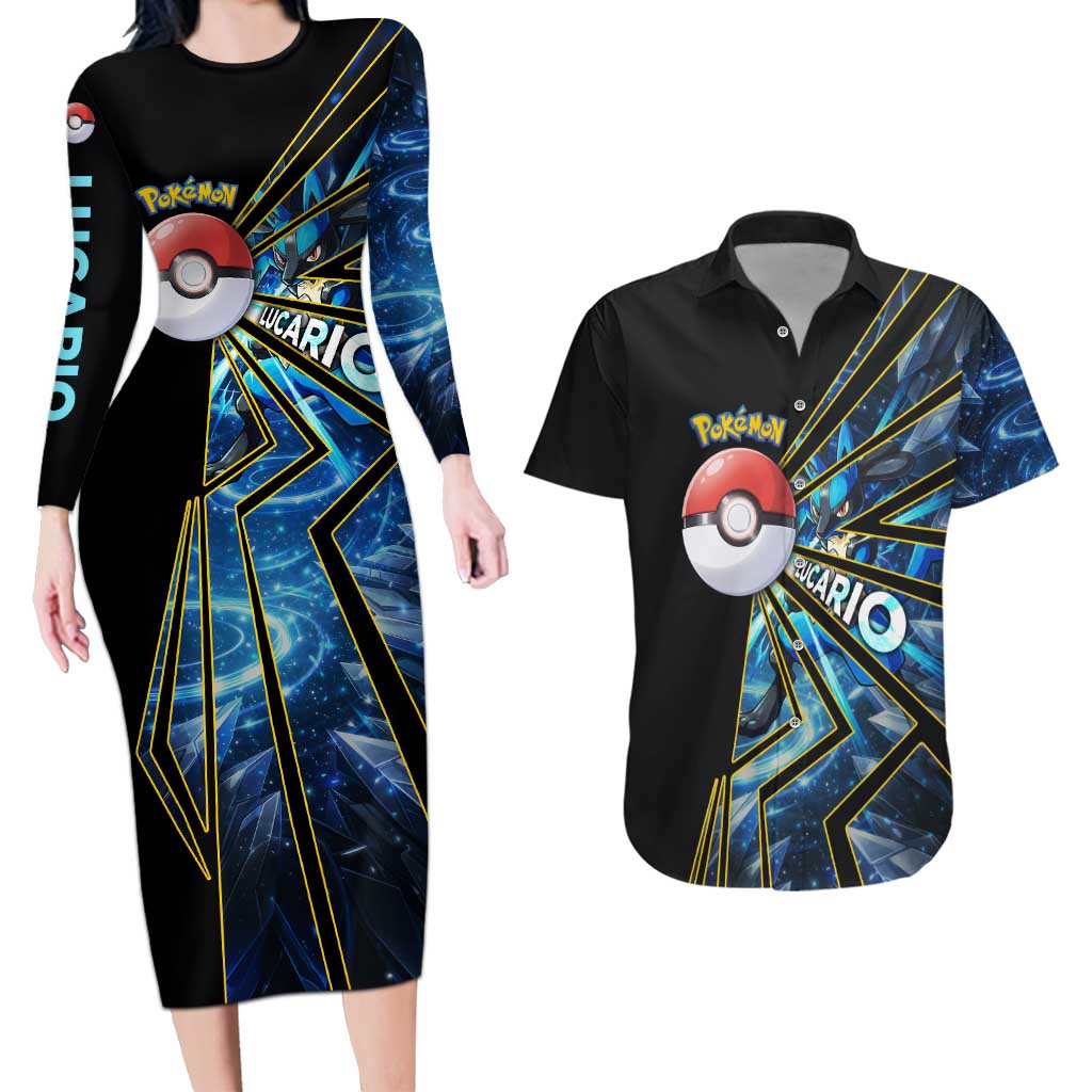 Lucario Poké Couples Matching Long Sleeve Bodycon Dress and Hawaiian Shirt Aura Blast Comic Style