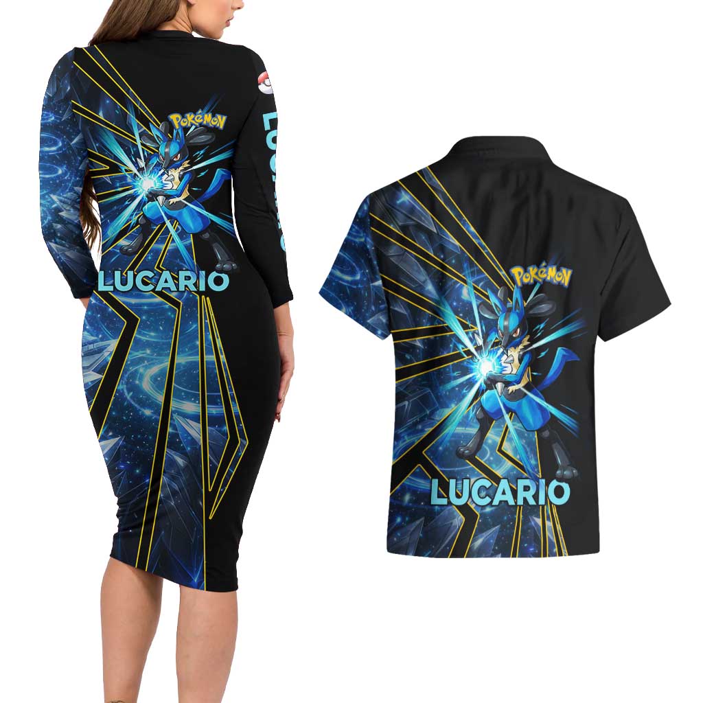 Lucario Poké Couples Matching Long Sleeve Bodycon Dress and Hawaiian Shirt Aura Blast Comic Style