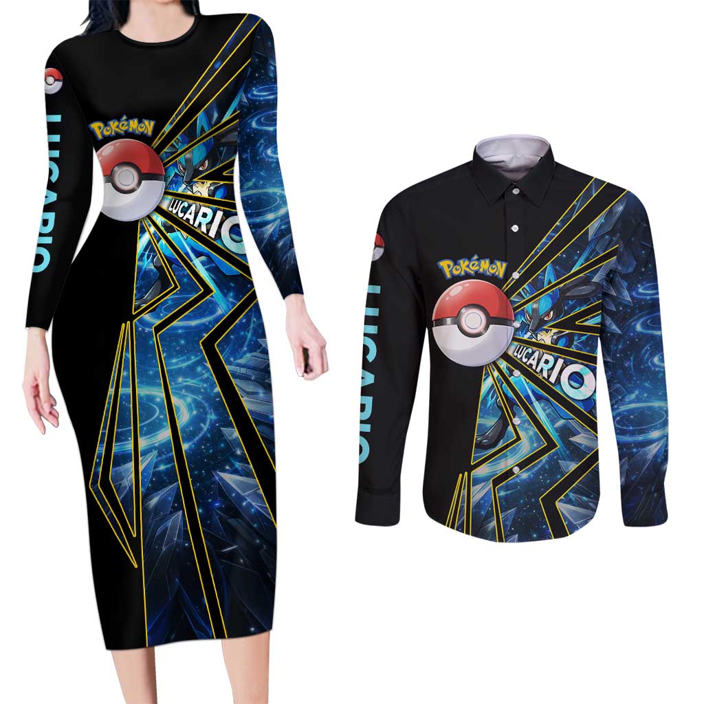 Lucario Poké Couples Matching Long Sleeve Bodycon Dress and Long Sleeve Button Shirt Aura Blast Comic Style