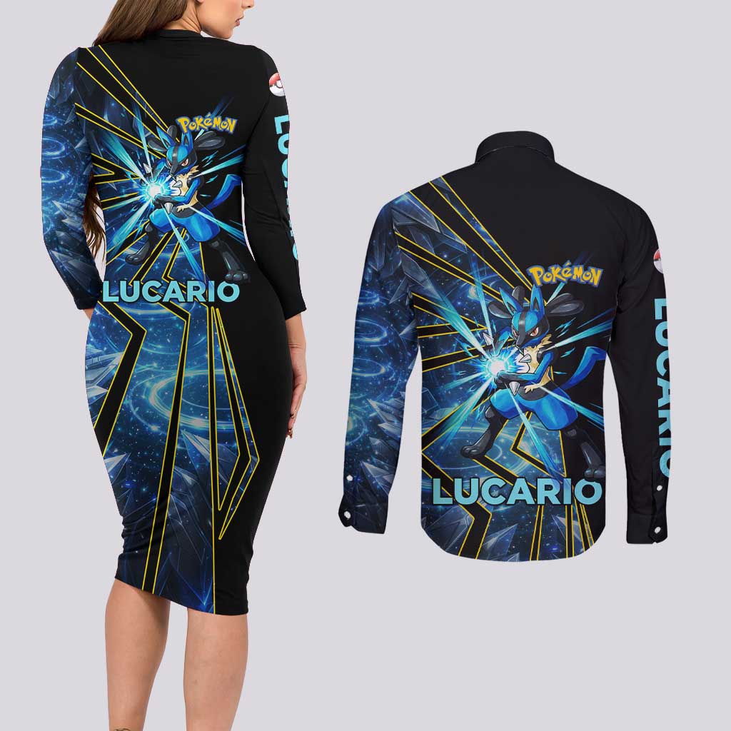 Lucario Poké Couples Matching Long Sleeve Bodycon Dress and Long Sleeve Button Shirt Aura Blast Comic Style