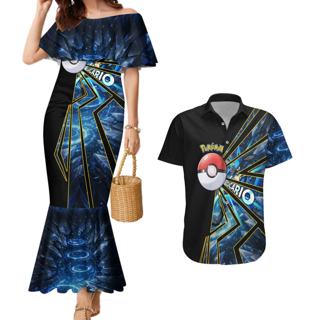 Lucario Poké Couples Matching Mermaid Dress and Hawaiian Shirt Aura Blast Comic Style