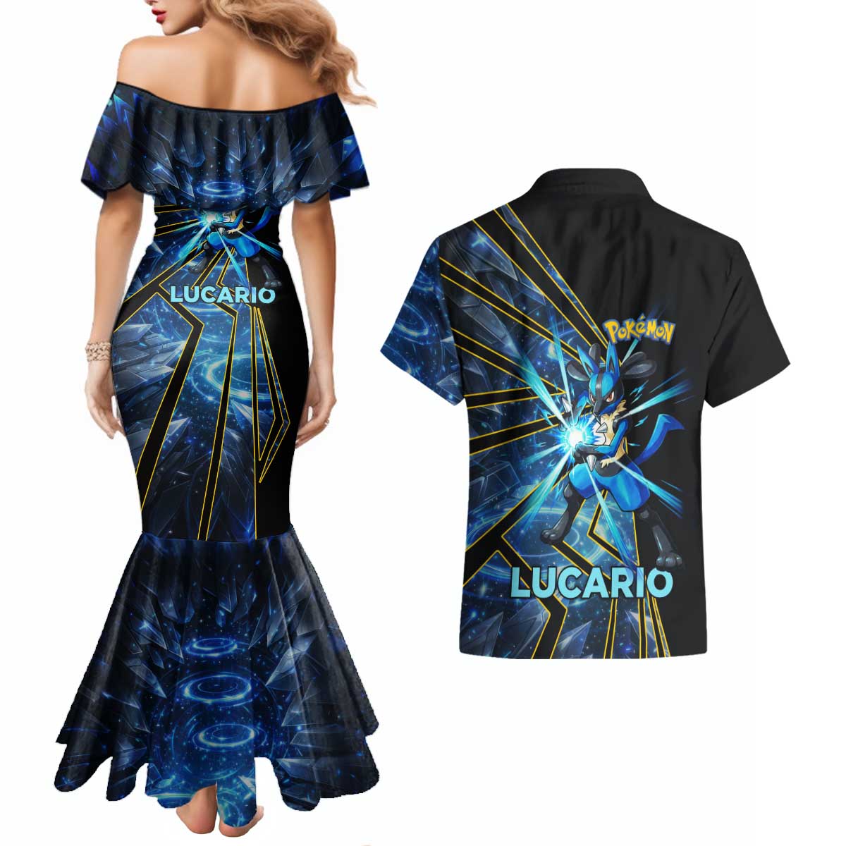 Lucario Poké Couples Matching Mermaid Dress and Hawaiian Shirt Aura Blast Comic Style
