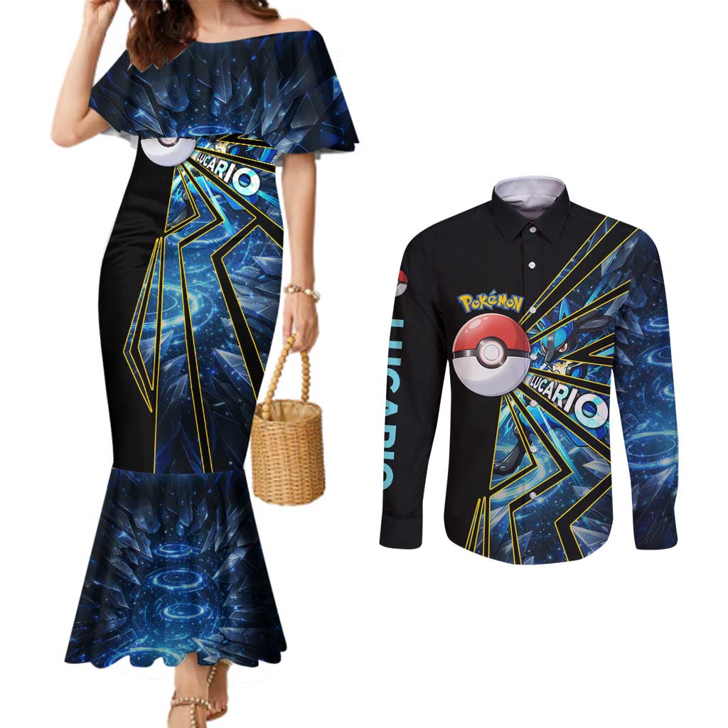 Lucario Poké Couples Matching Mermaid Dress and Long Sleeve Button Shirt Aura Blast Comic Style