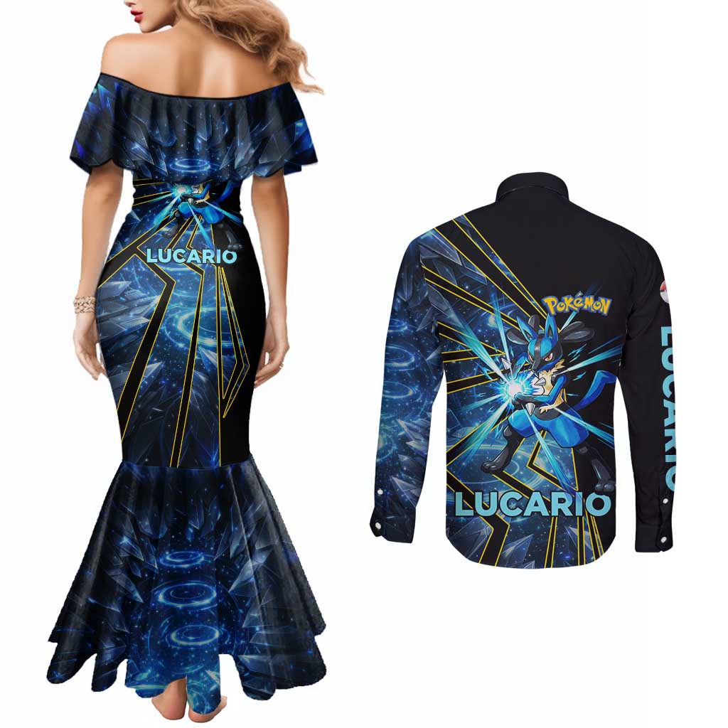 Lucario Poké Couples Matching Mermaid Dress and Long Sleeve Button Shirt Aura Blast Comic Style