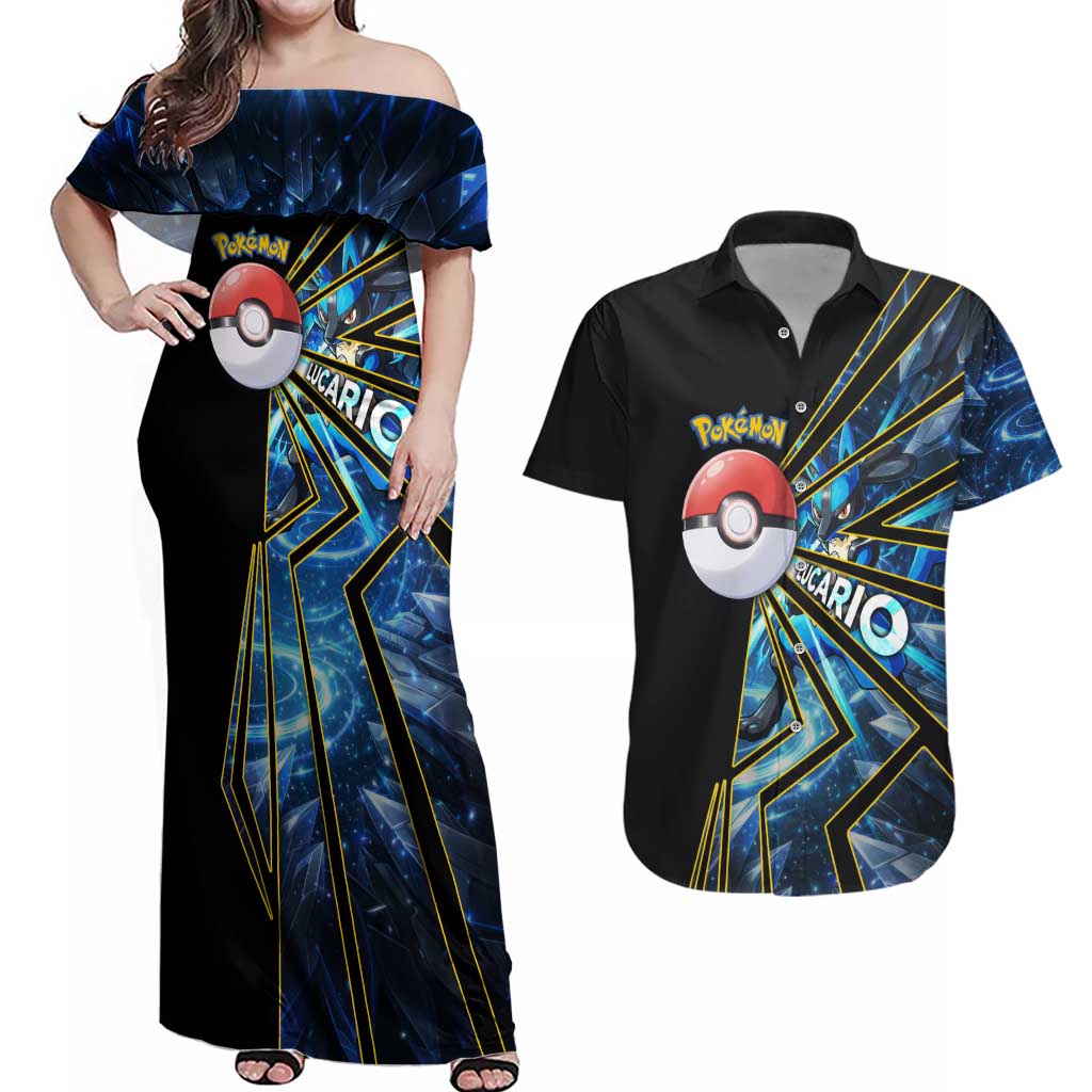 Lucario Poké Couples Matching Off Shoulder Maxi Dress and Hawaiian Shirt Aura Blast Comic Style
