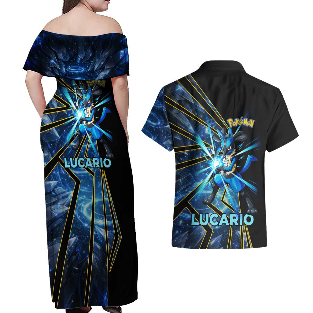 Lucario Poké Couples Matching Off Shoulder Maxi Dress and Hawaiian Shirt Aura Blast Comic Style