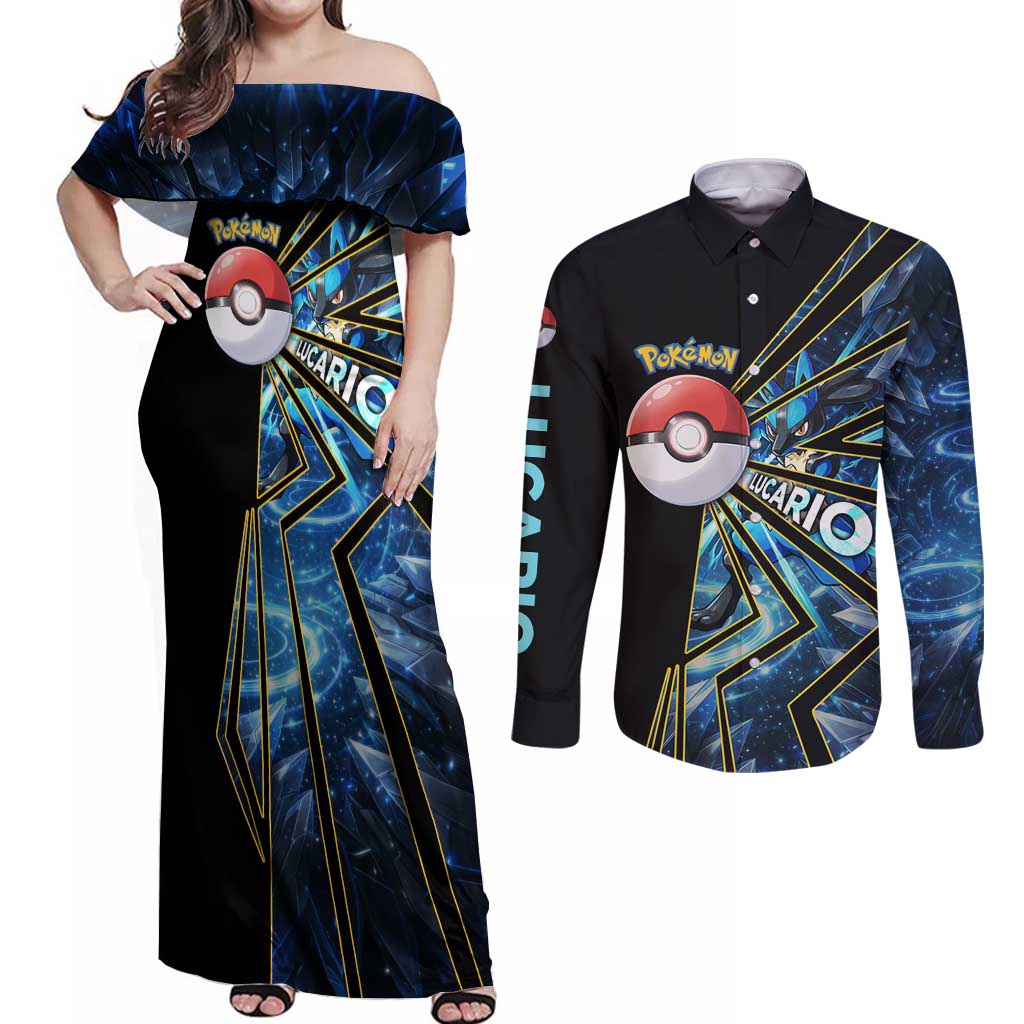 Lucario Poké Couples Matching Off Shoulder Maxi Dress and Long Sleeve Button Shirt Aura Blast Comic Style
