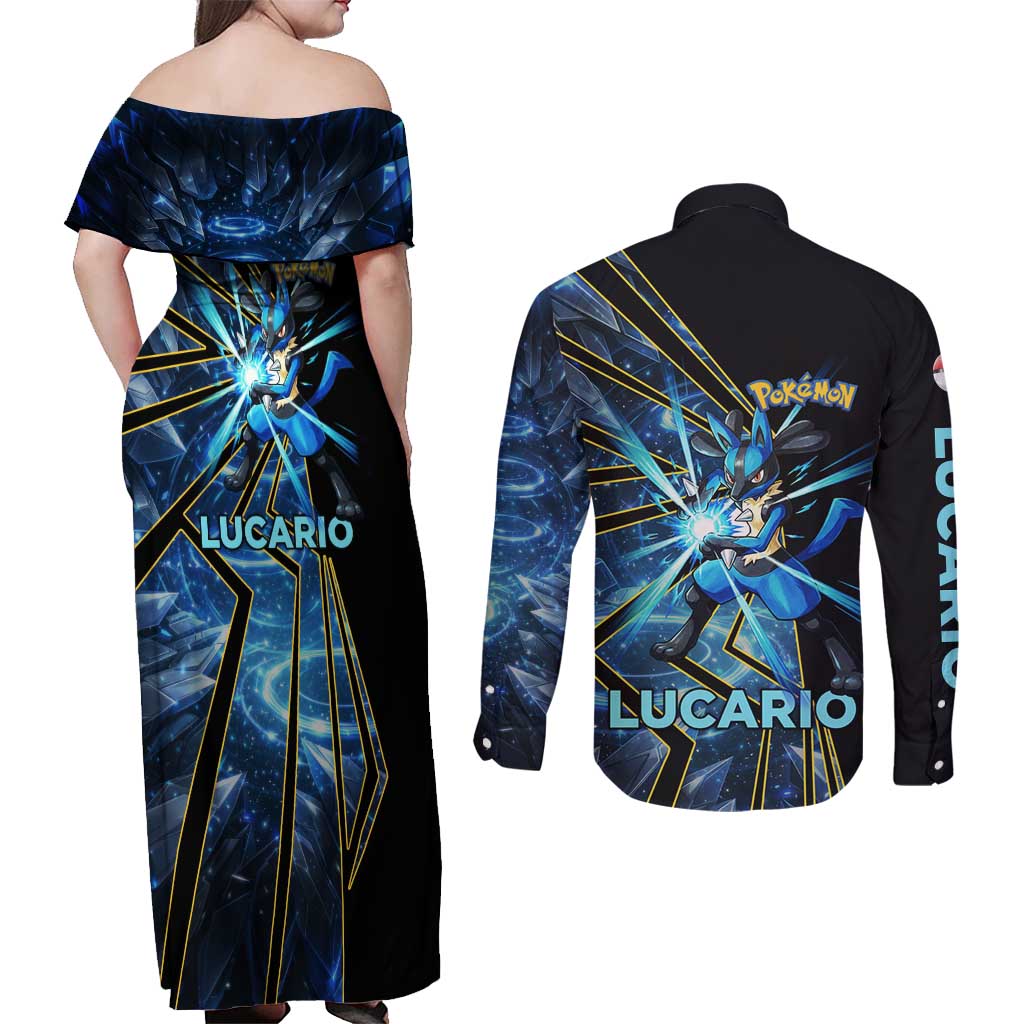 Lucario Poké Couples Matching Off Shoulder Maxi Dress and Long Sleeve Button Shirt Aura Blast Comic Style