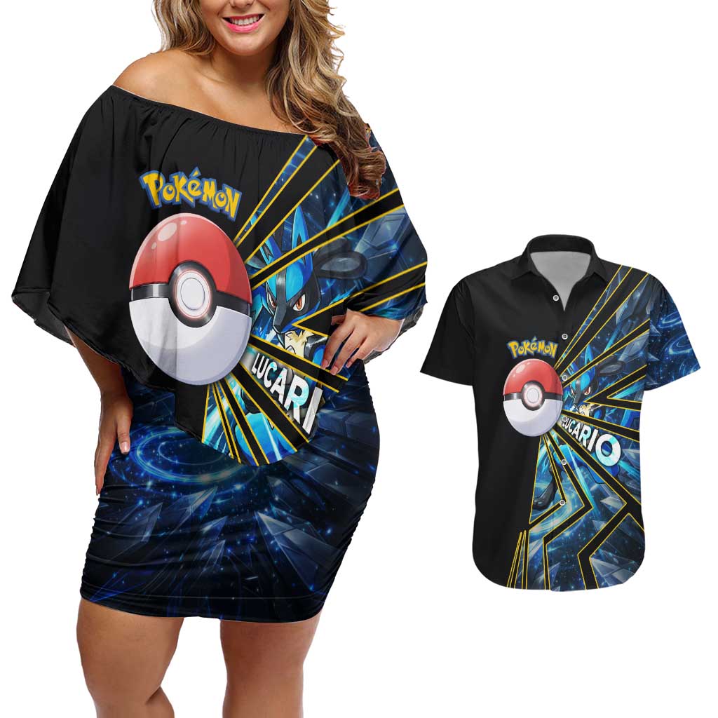 Lucario Poké Couples Matching Off Shoulder Short Dress and Hawaiian Shirt Aura Blast Comic Style