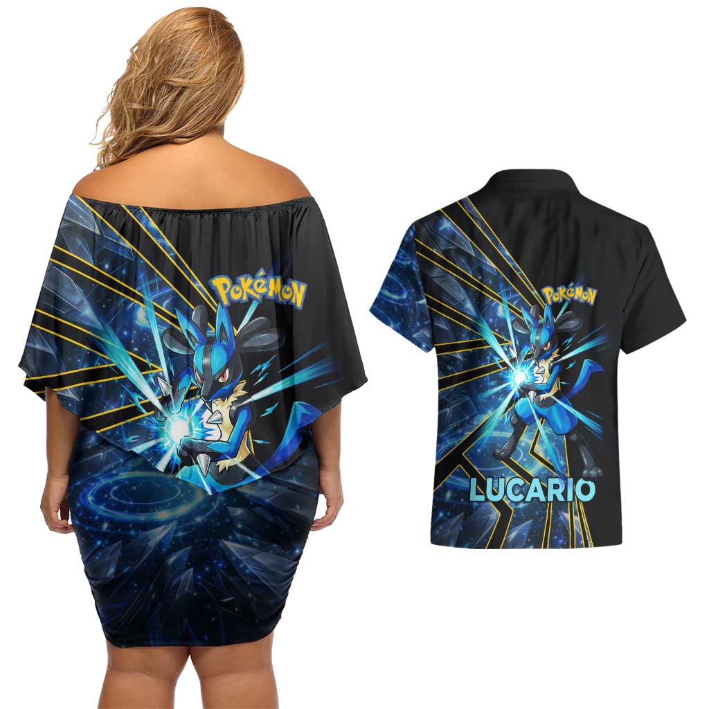 Lucario Poké Couples Matching Off Shoulder Short Dress and Hawaiian Shirt Aura Blast Comic Style