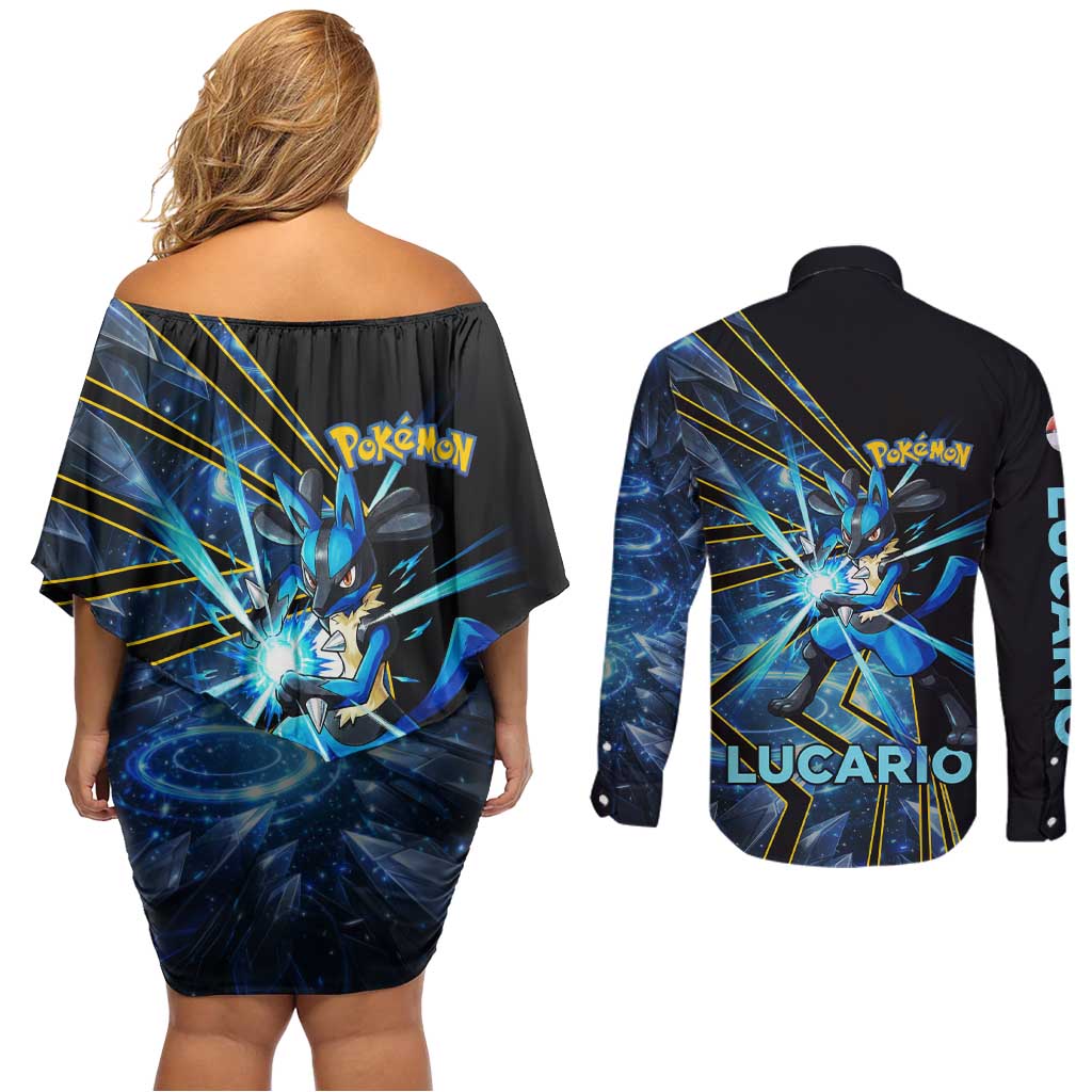 Lucario Poké Couples Matching Off Shoulder Short Dress and Long Sleeve Button Shirt Aura Blast Comic Style