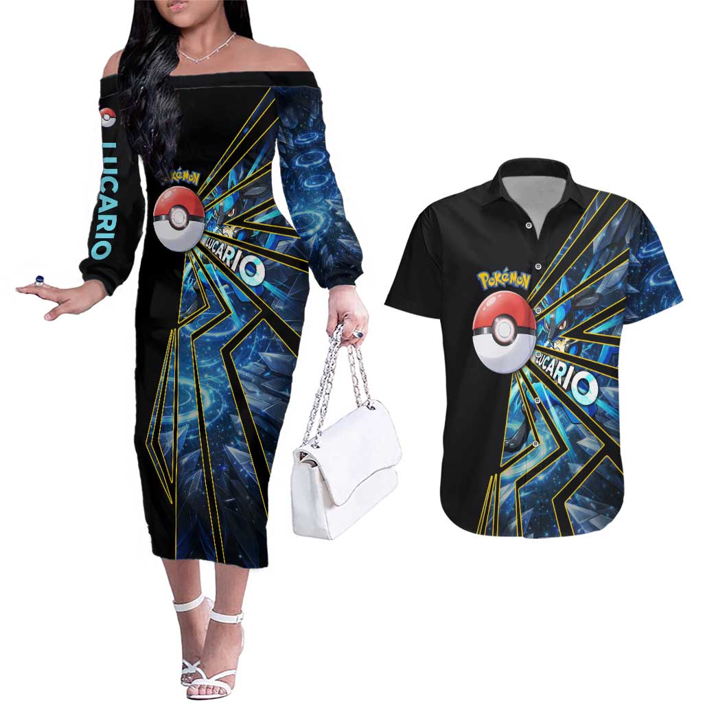 Lucario Poké Couples Matching Off The Shoulder Long Sleeve Dress and Hawaiian Shirt Aura Blast Comic Style
