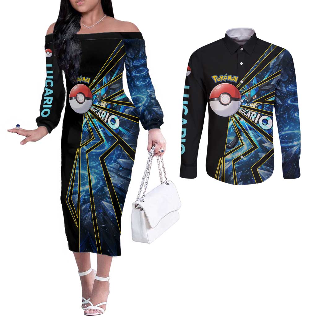 Lucario Poké Couples Matching Off The Shoulder Long Sleeve Dress and Long Sleeve Button Shirt Aura Blast Comic Style