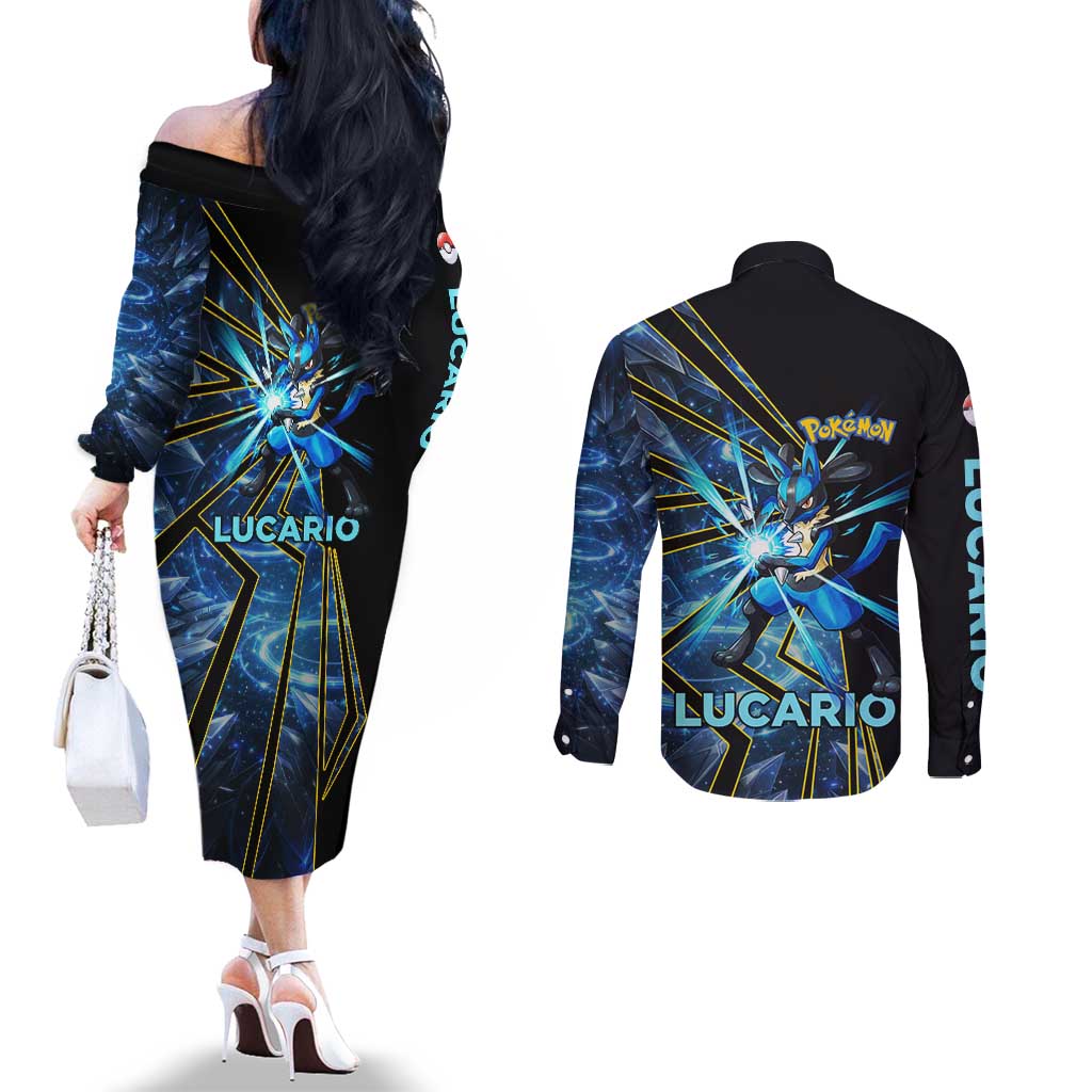 Lucario Poké Couples Matching Off The Shoulder Long Sleeve Dress and Long Sleeve Button Shirt Aura Blast Comic Style