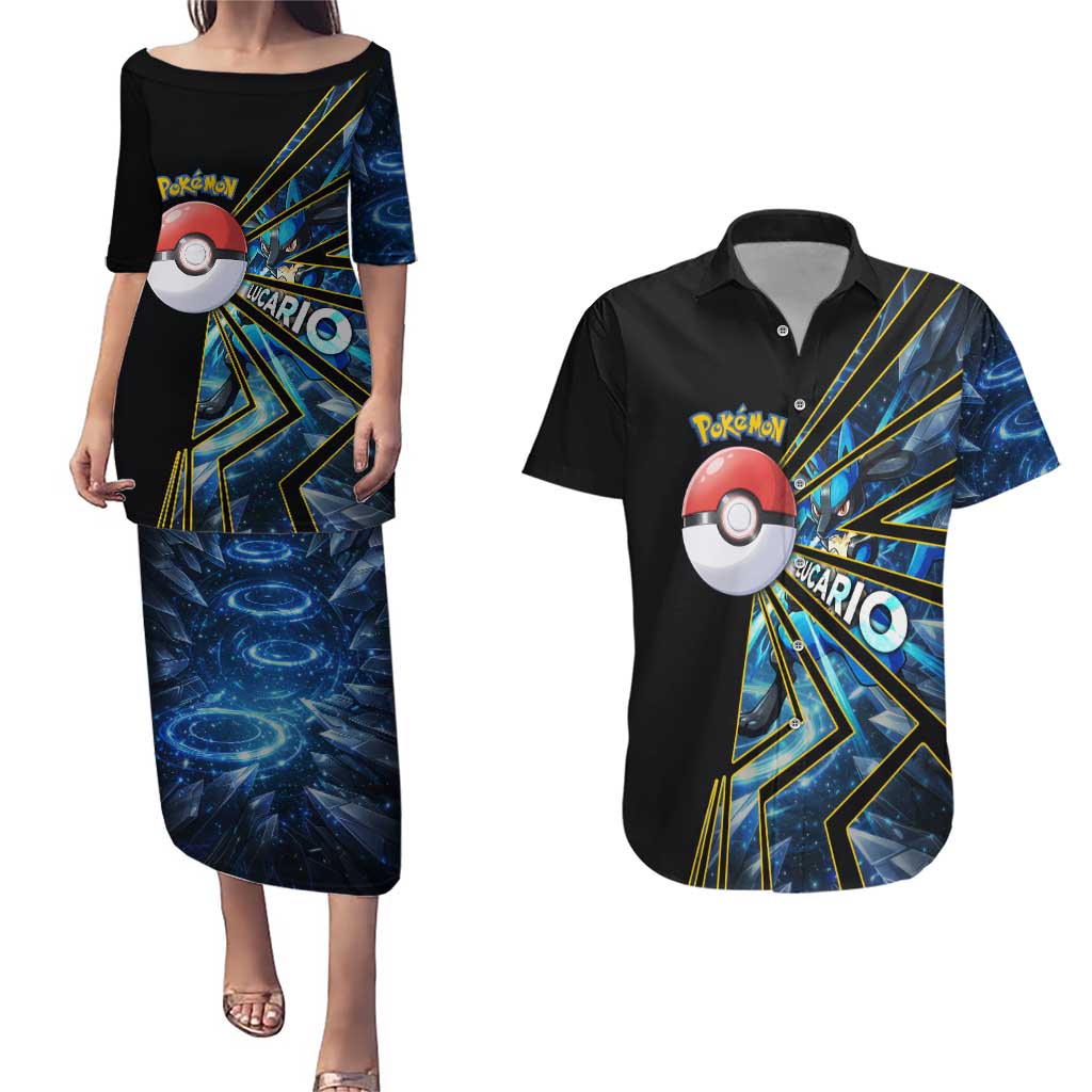 Lucario Poké Couples Matching Puletasi and Hawaiian Shirt Aura Blast Comic Style