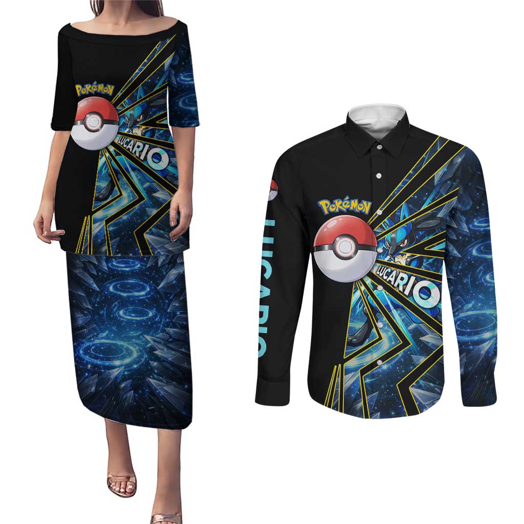 Lucario Poké Couples Matching Puletasi and Long Sleeve Button Shirt Aura Blast Comic Style