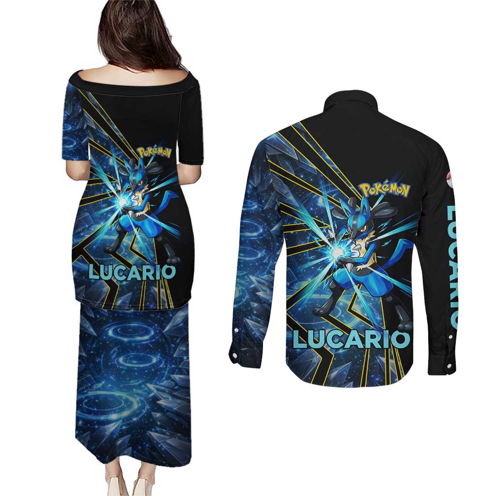 Lucario Poké Couples Matching Puletasi and Long Sleeve Button Shirt Aura Blast Comic Style