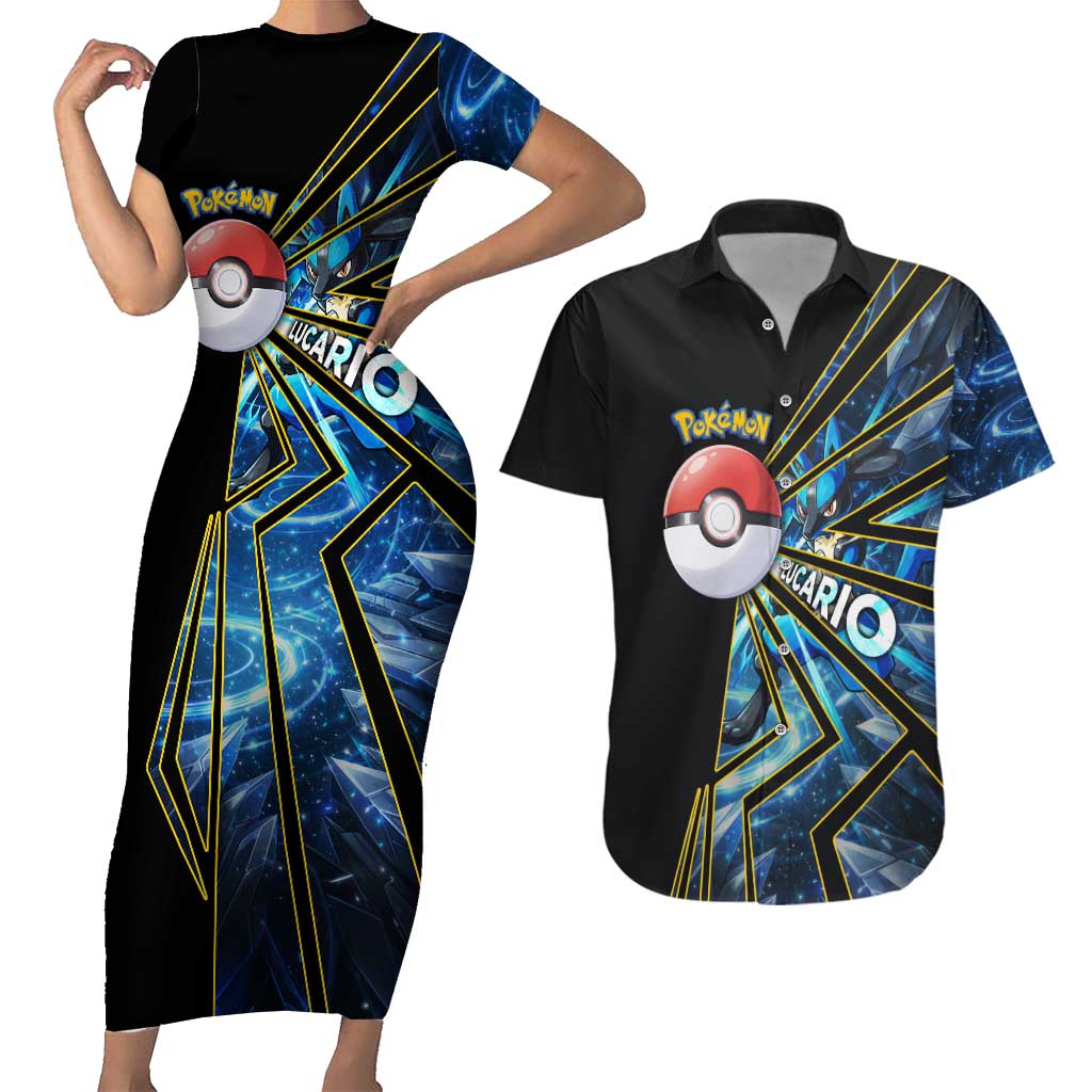 Lucario Poké Couples Matching Short Sleeve Bodycon Dress and Hawaiian Shirt Aura Blast Comic Style