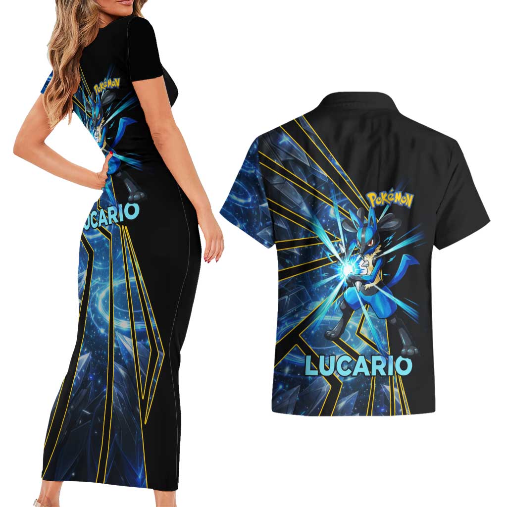 Lucario Poké Couples Matching Short Sleeve Bodycon Dress and Hawaiian Shirt Aura Blast Comic Style