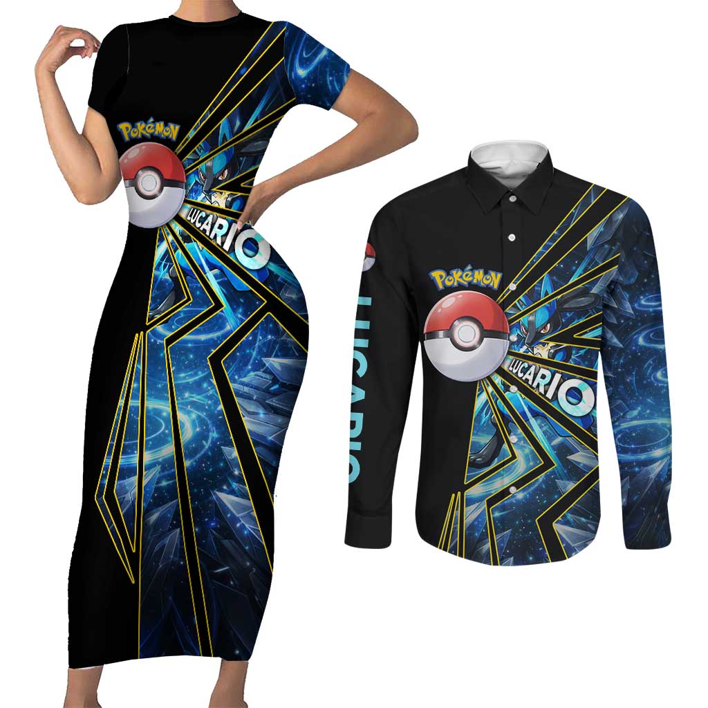 Lucario Poké Couples Matching Short Sleeve Bodycon Dress and Long Sleeve Button Shirt Aura Blast Comic Style