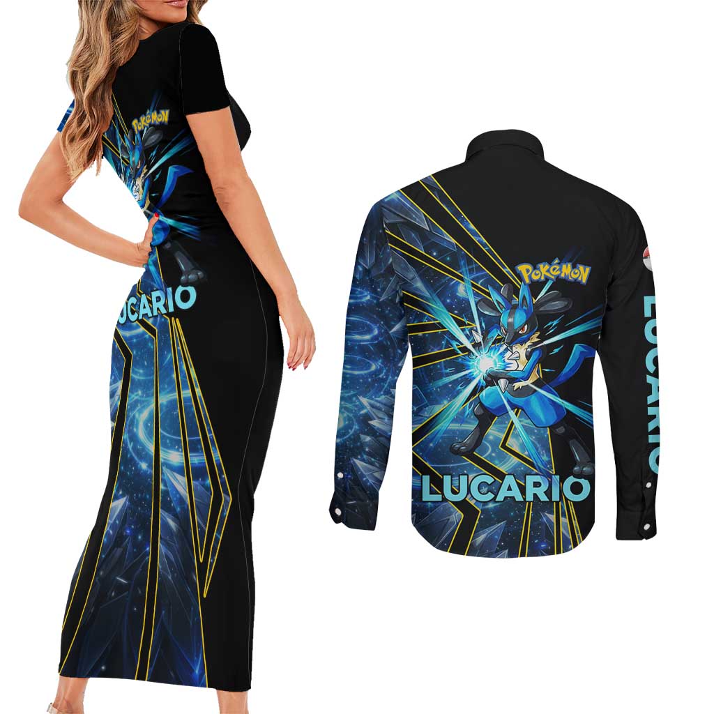 Lucario Poké Couples Matching Short Sleeve Bodycon Dress and Long Sleeve Button Shirt Aura Blast Comic Style