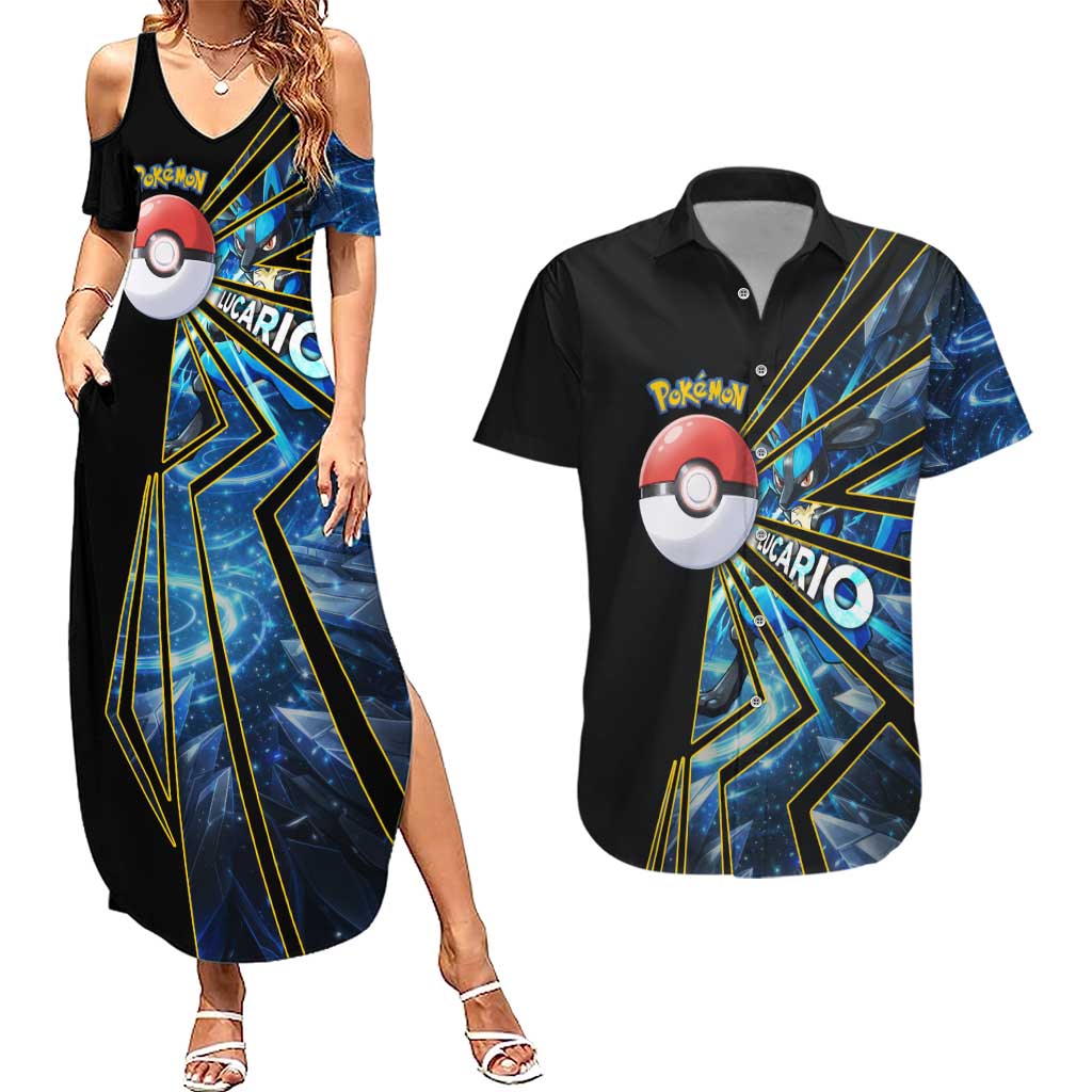 Lucario Poké Couples Matching Summer Maxi Dress and Hawaiian Shirt Aura Blast Comic Style