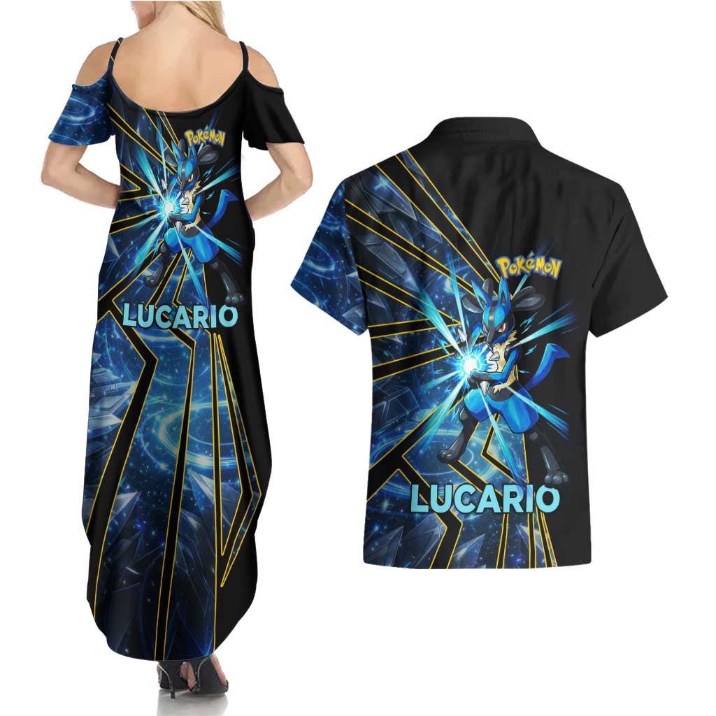 Lucario Poké Couples Matching Summer Maxi Dress and Hawaiian Shirt Aura Blast Comic Style