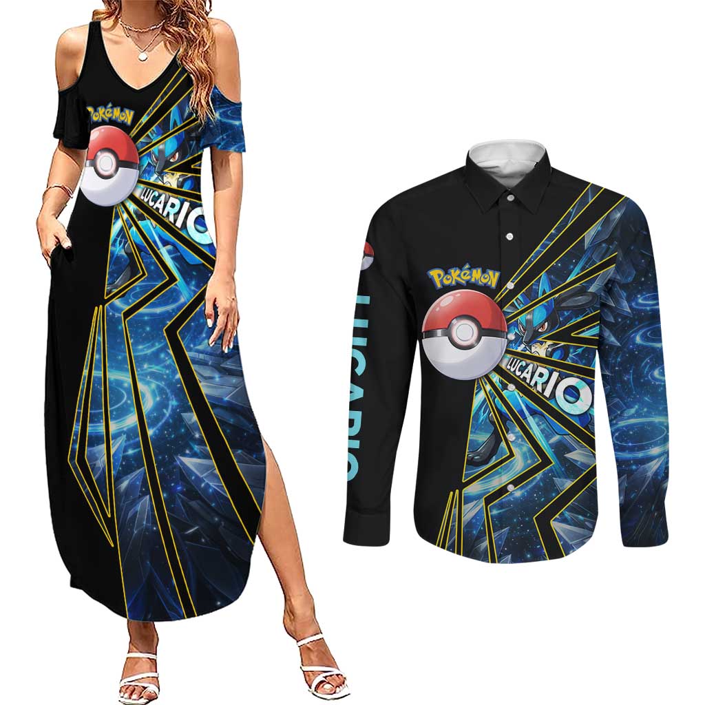 Lucario Poké Couples Matching Summer Maxi Dress and Long Sleeve Button Shirt Aura Blast Comic Style