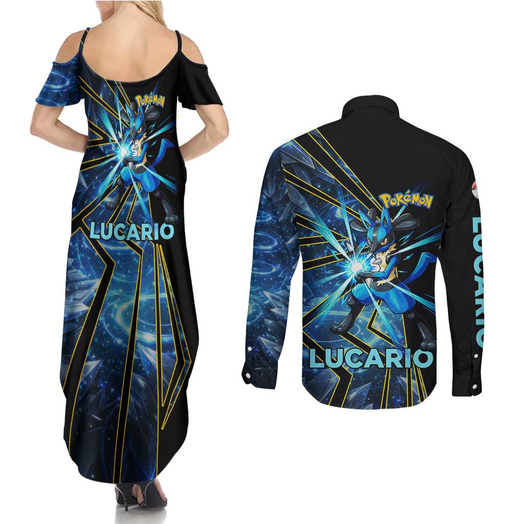 Lucario Poké Couples Matching Summer Maxi Dress and Long Sleeve Button Shirt Aura Blast Comic Style