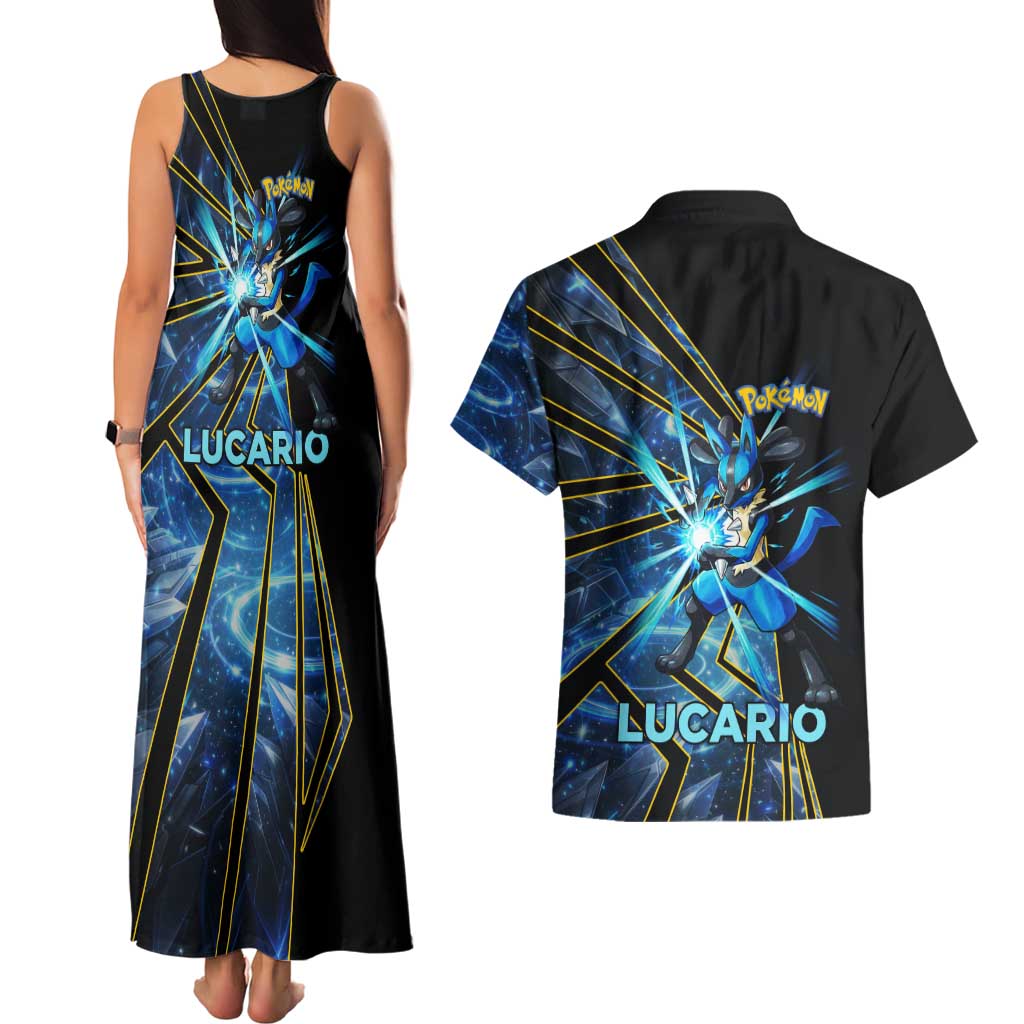 Lucario Poké Couples Matching Tank Maxi Dress and Hawaiian Shirt Aura Blast Comic Style