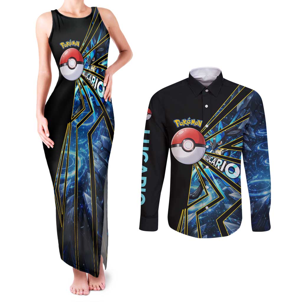 Lucario Poké Couples Matching Tank Maxi Dress and Long Sleeve Button Shirt Aura Blast Comic Style