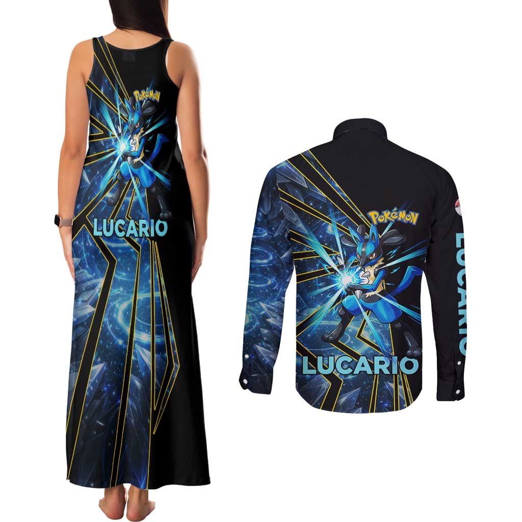 Lucario Poké Couples Matching Tank Maxi Dress and Long Sleeve Button Shirt Aura Blast Comic Style