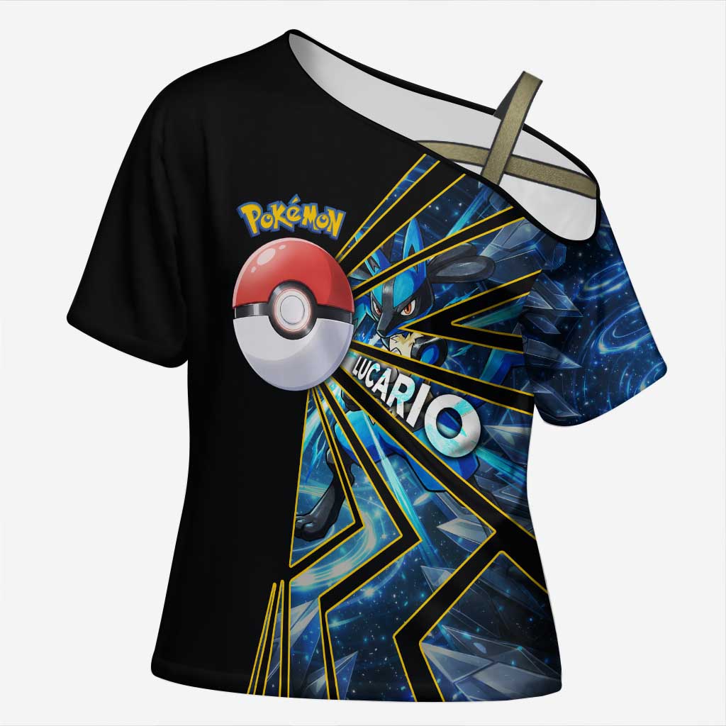 Lucario Poké Cross Shoulder Shirt Aura Blast Comic Style